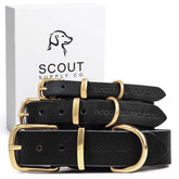Scout Supply Co. Classic Leather Dog Collar closeup-brass-hardware highlights durable hardware.