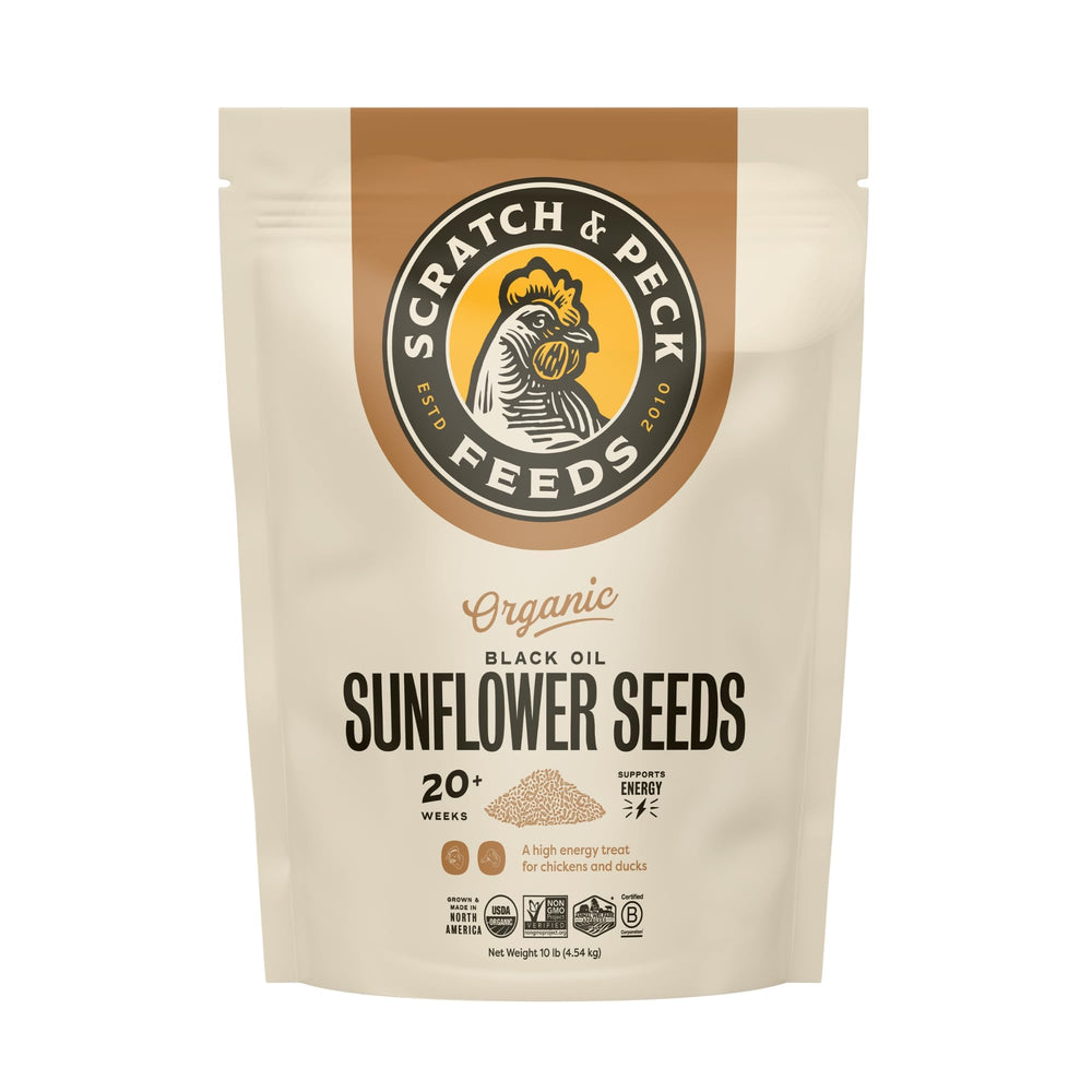Scratch and Peck Black Oil Sunflower Seeds bag front highlighting 15% protein for poultry health.