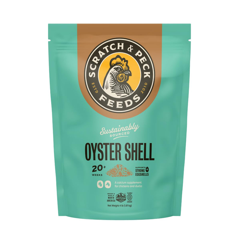 Scratch and Peck oyster shell supplement bag front shows natural calcium boost for eggshells.