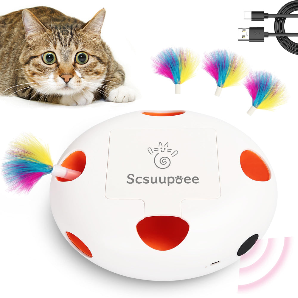 Scsuupoee interactive cat toy showing moving feathers for active play.