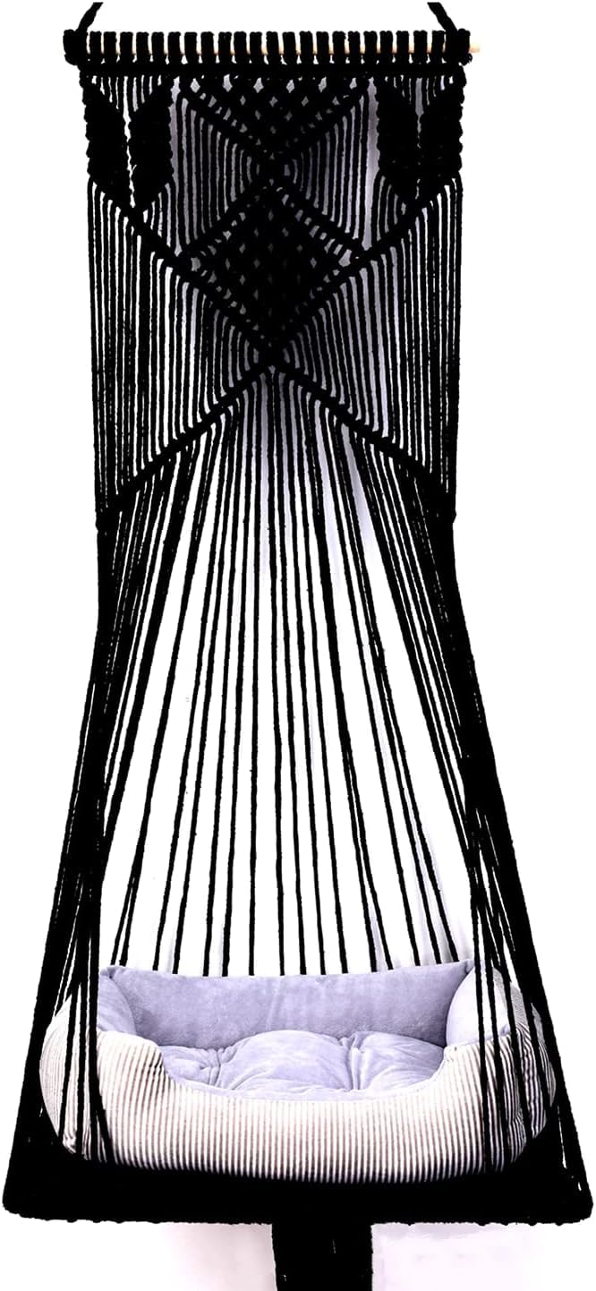 Sdjazl Macrame hanging cat hammock bed closeup shows durable cotton rope for cozy lounging.