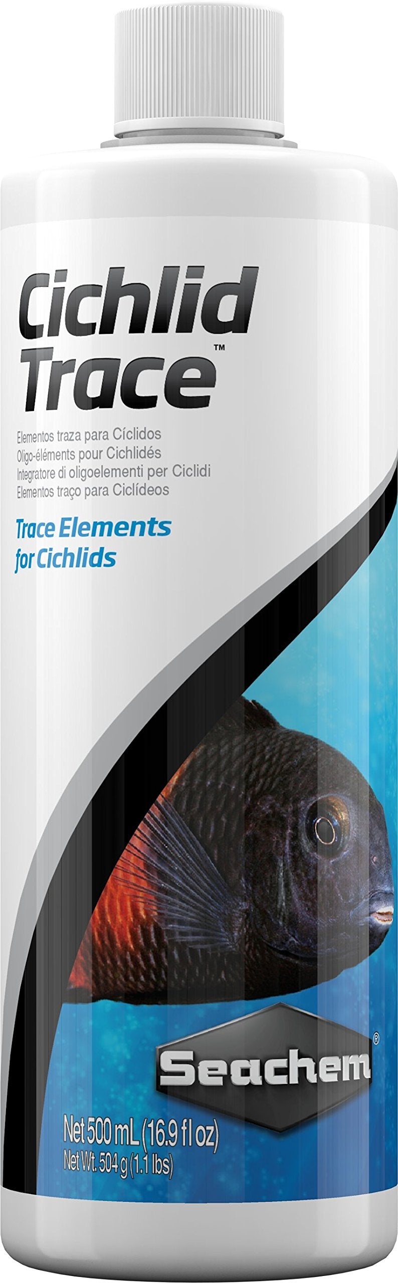 Seachem Cichlid Trace Elements 500 ml, botella frontal, ayuda a mantener trazas esenciales para peces cíclidos.