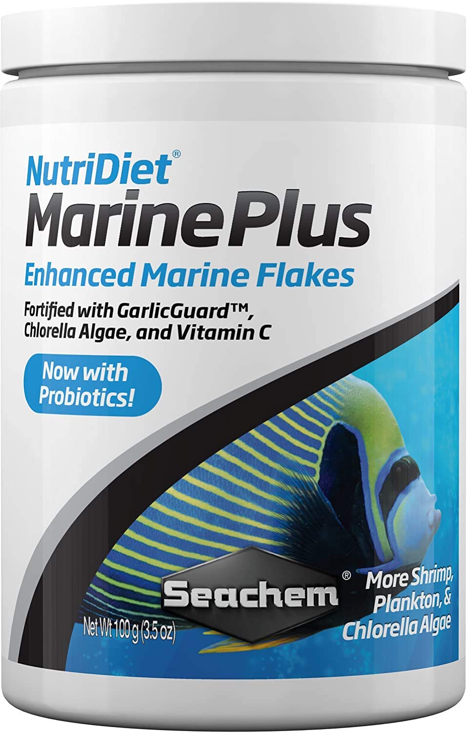 Seachem NutriDiet Marine Plus Flakes bottle closeup highlighting premium formula and palatability.