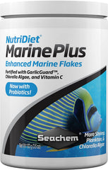 Seachem NutriDiet Marine Plus Flakes ingredients panel showing Chlorella and Entice for nutrition and appeal.