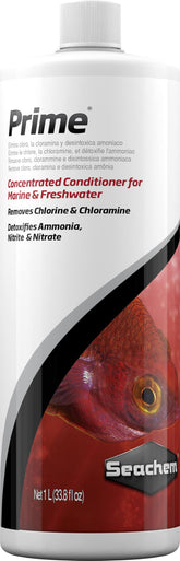 Seachem Prime bottle demonstrates chlorine removal for safer aquarium water.