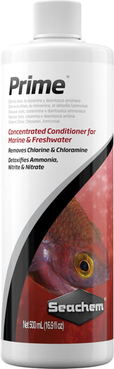 Seachem Prime bottle front demonstrates comprehensive water conditioning for aquariums.