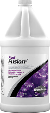 Seachem Reef Fusion 1 bottle close-up showing calcium supplement for corals.