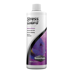 Seachem StressGuard bottle shown; reduces fish stress and protects slime coat.