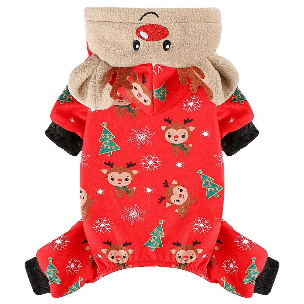 Sebaoyu dog Christmas pajama front view in red for warm, comfortable wear during holidays.