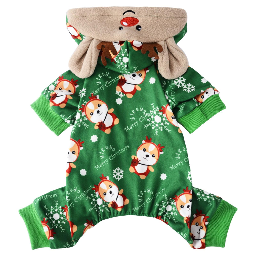 Sebaoyu dog Christmas pajamas XXS green full view helps keep tiny dogs warm during winter outings.
