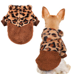 Sebaoyu dog hoodie leopard small back view shows warm fleece for cold walks.
