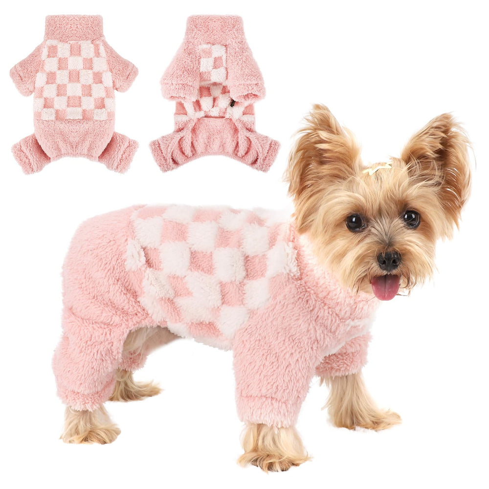 Sebaoyu turtleneck dog pajamas pink plaid front view—cozy warmth for small dogs.