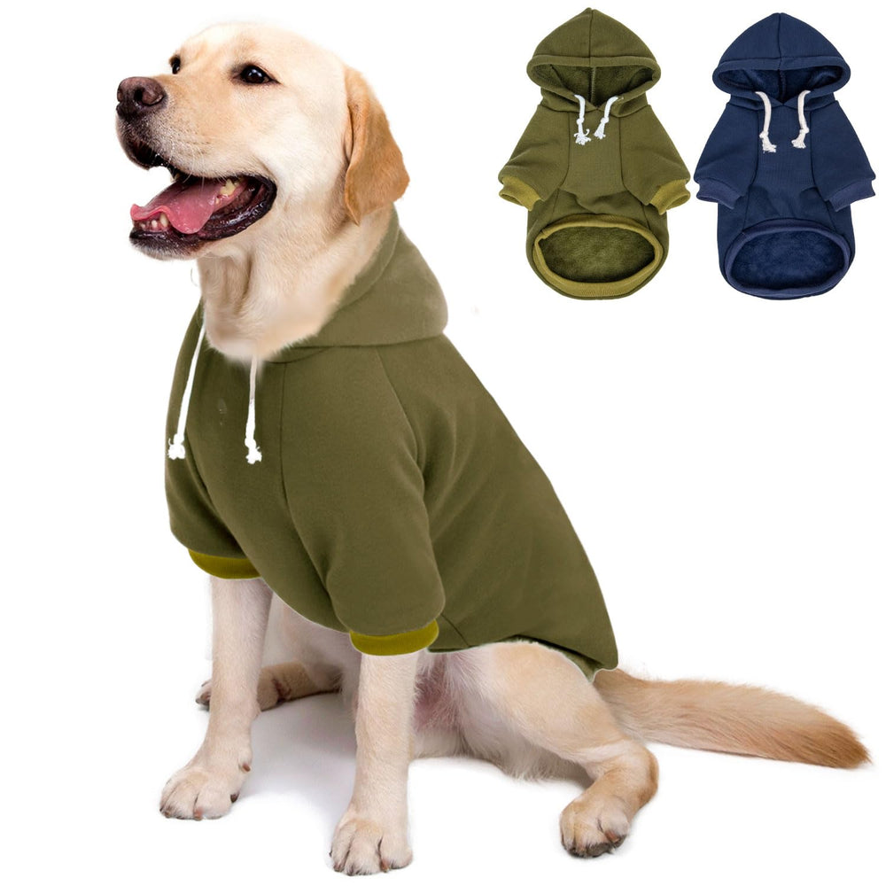 SEKUMDAN dog hooded sweater army green, front view shows warm fleece for cozy walks.
