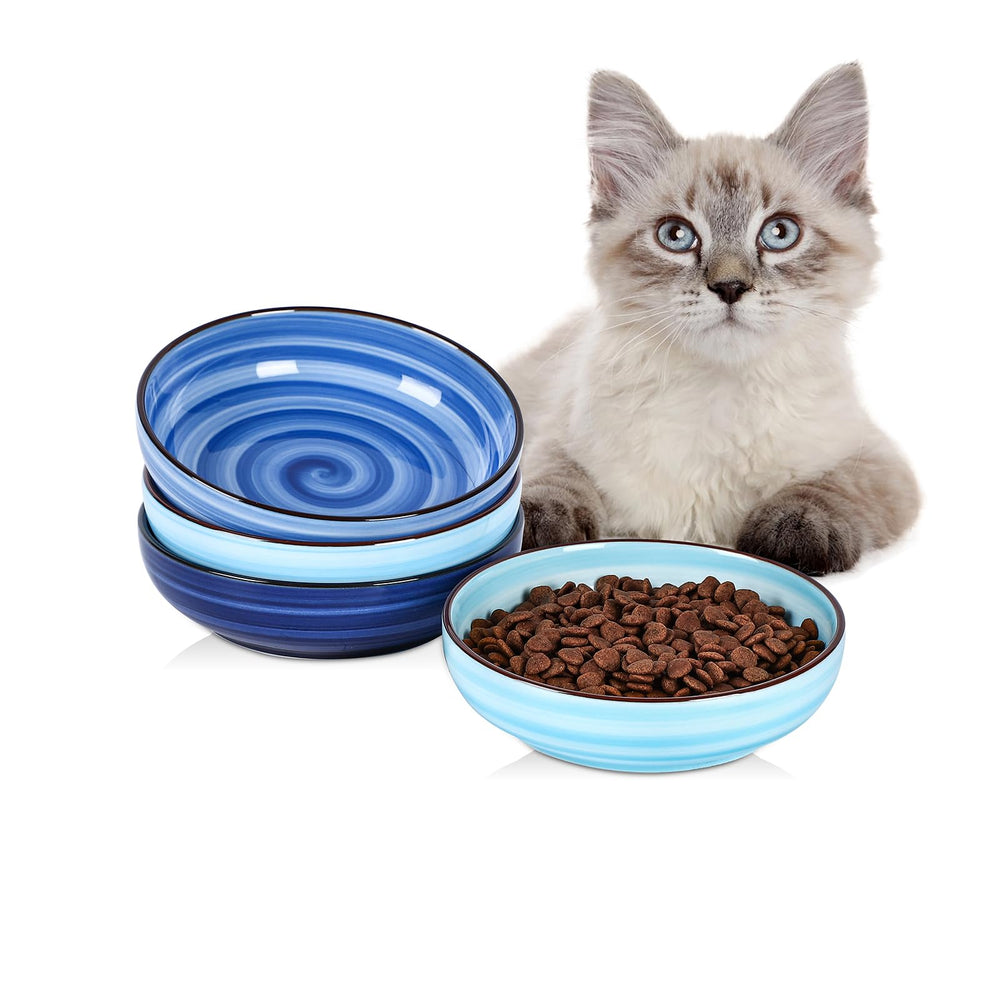Selamica cat bowls set of four with wide shallow design for whisker-friendly meals.
