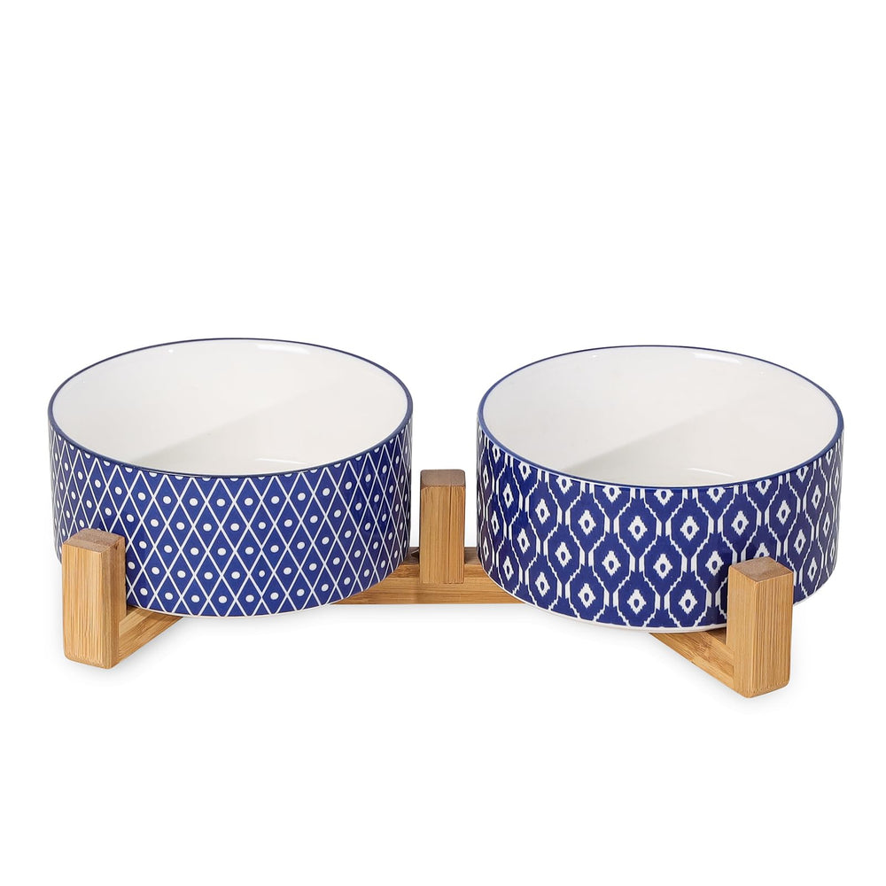 Selamica ceramic dog bowls with wooden stand offer stable 30oz meals for pets.