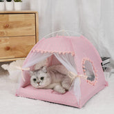 Selena cat bed tents breathable mesh front panel promotes airy comfort for pets.