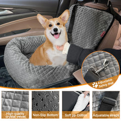 Sephyroth dog car seat on front seat for easy supervision during trips.