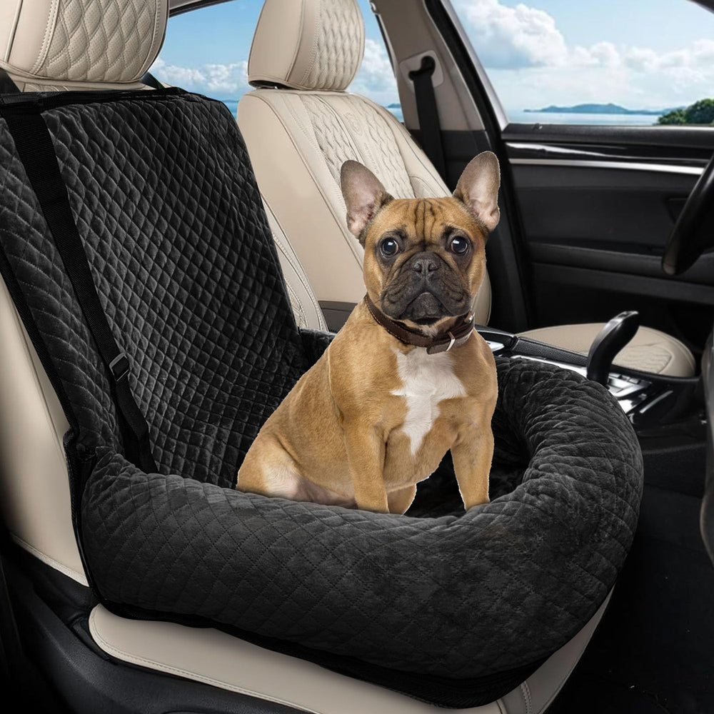 Sephyroth dog car seat front view shows universal fit for small and medium dogs.