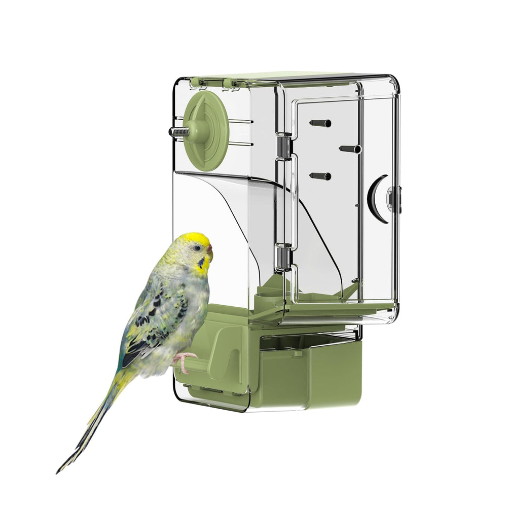 Septillar automatic feeder exterior view green shows a tidy, cage-friendly design for busy birdrooms.