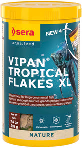 Sera Vipan Tropical Flakes XL bottle close-up highlights surface-feeder formula for large ornamental fish
