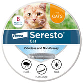 Seresto cat collar on cat neck showing long-lasting protection for fleas and ticks.