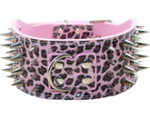 Serijoars leopard sharp spiked collar close-up shows durable faux leather and nickel hardware.
