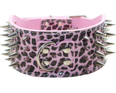 Serijoars leopard sharp spiked collar close-up shows durable faux leather and nickel hardware.