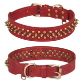 Serijoars spiked dog collar front view in red1 shows adjustable safety buckle for secure fit.