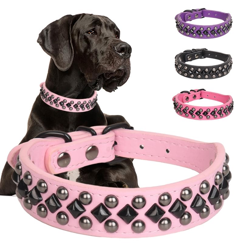 Serijoars Spiked dog collar pink closeup shows durable PU leather and studs