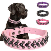 Serijoars Spiked dog collar pink closeup shows durable PU leather and studs