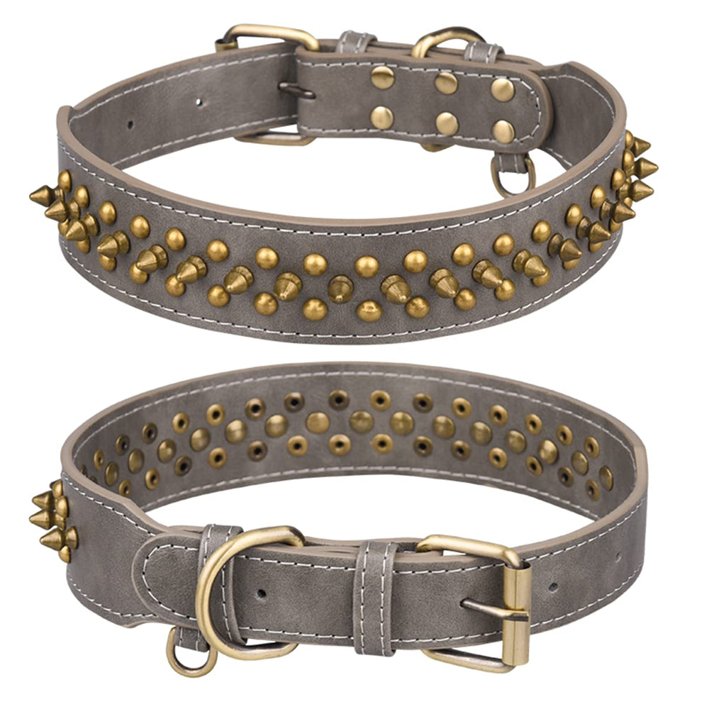 Serijoars spiked dog collar worn on a gray dog for stylish protection during walks.