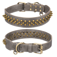 Serijoars spiked dog collar worn on a gray dog for stylish protection during walks.