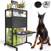 SHAINFUN elevated dog bowl setup with dual bowls and built-in storage for convenience