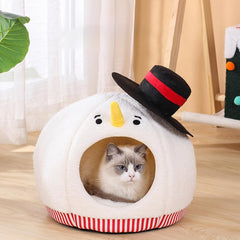 Shapeazy snowman cat bed front view for warm winter naps and privacy.