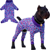 Sharkwill leopard XL dog recovery suit front view for comfortable post-surgery wear.