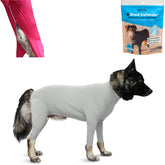 Shed Defender Sport dog onesie worn by a calm dog, reducing home shedding.