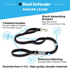 Shed Defender two shock-absorbing bungee leashes cushion pulls for smoother daily strolls.