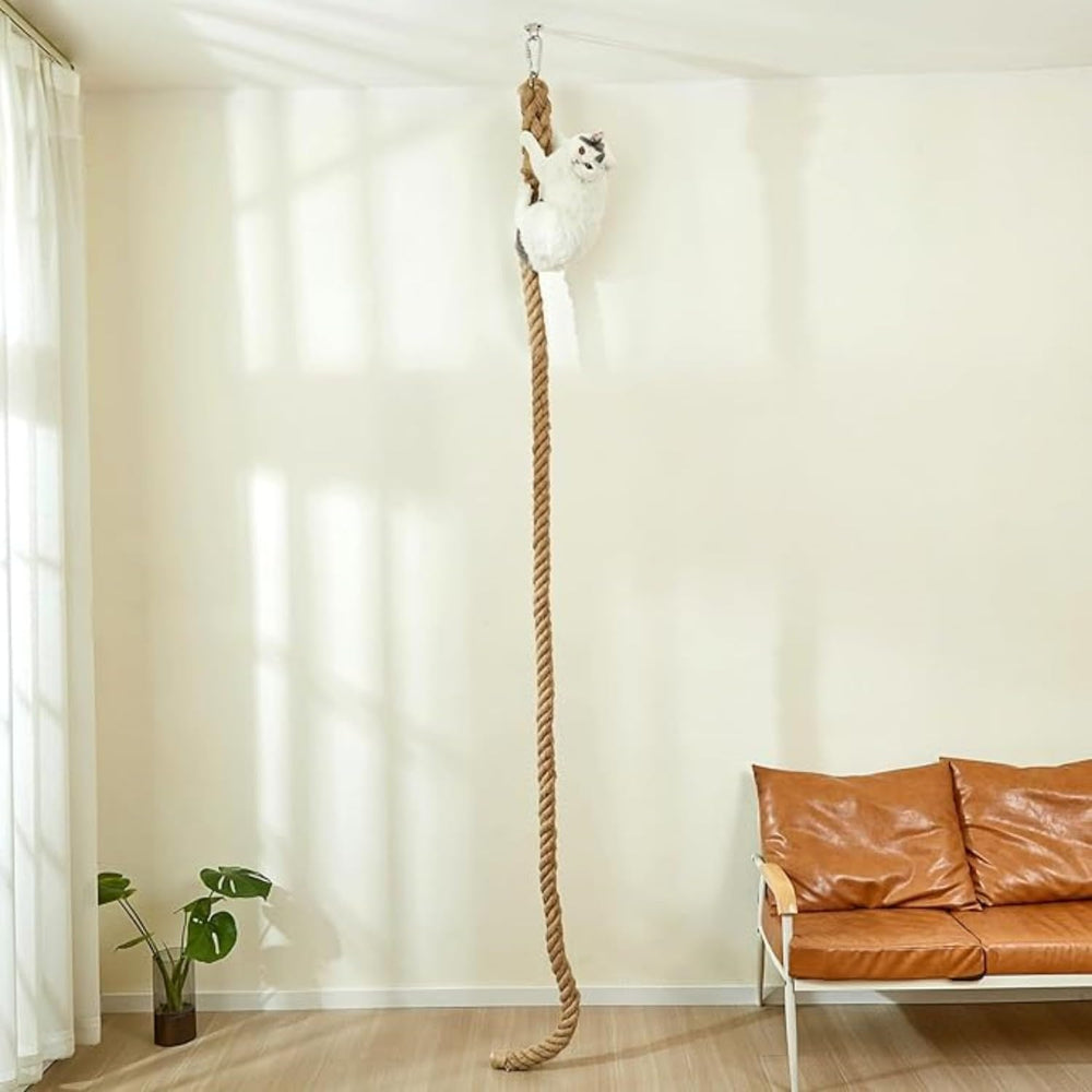 SHENGOCASE cat climbing rope with ceiling hook enables vertical exercise for indoor cats.