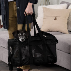Sherpa Original Deluxe Carrier large side view highlights compact under-seat fit.