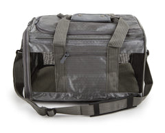 Sherpa To Go Travel Pet Carrier gray under-seat fit demonstrates airline compatibility.