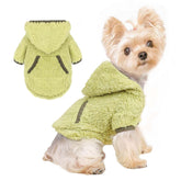 Shifenmei dog sweater in green hoodie keeps small dogs warm during chilly days.