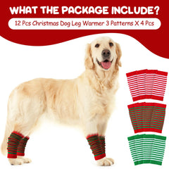 Shihanee dog leg warmers green-white stripes showcased on a winter outfit.