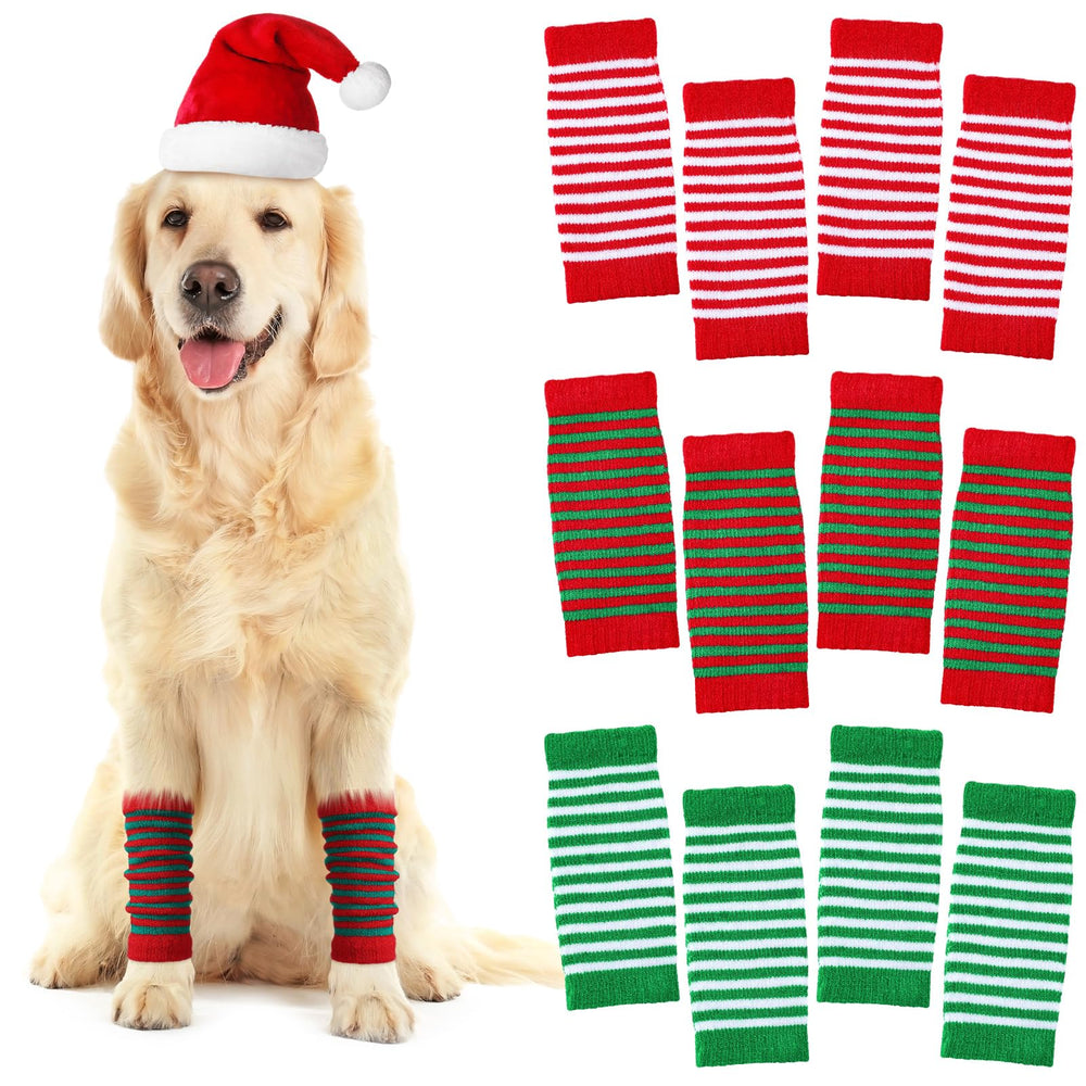 Shihanee dog leg warmers red-green stripes for cozy warmth and festive flair.