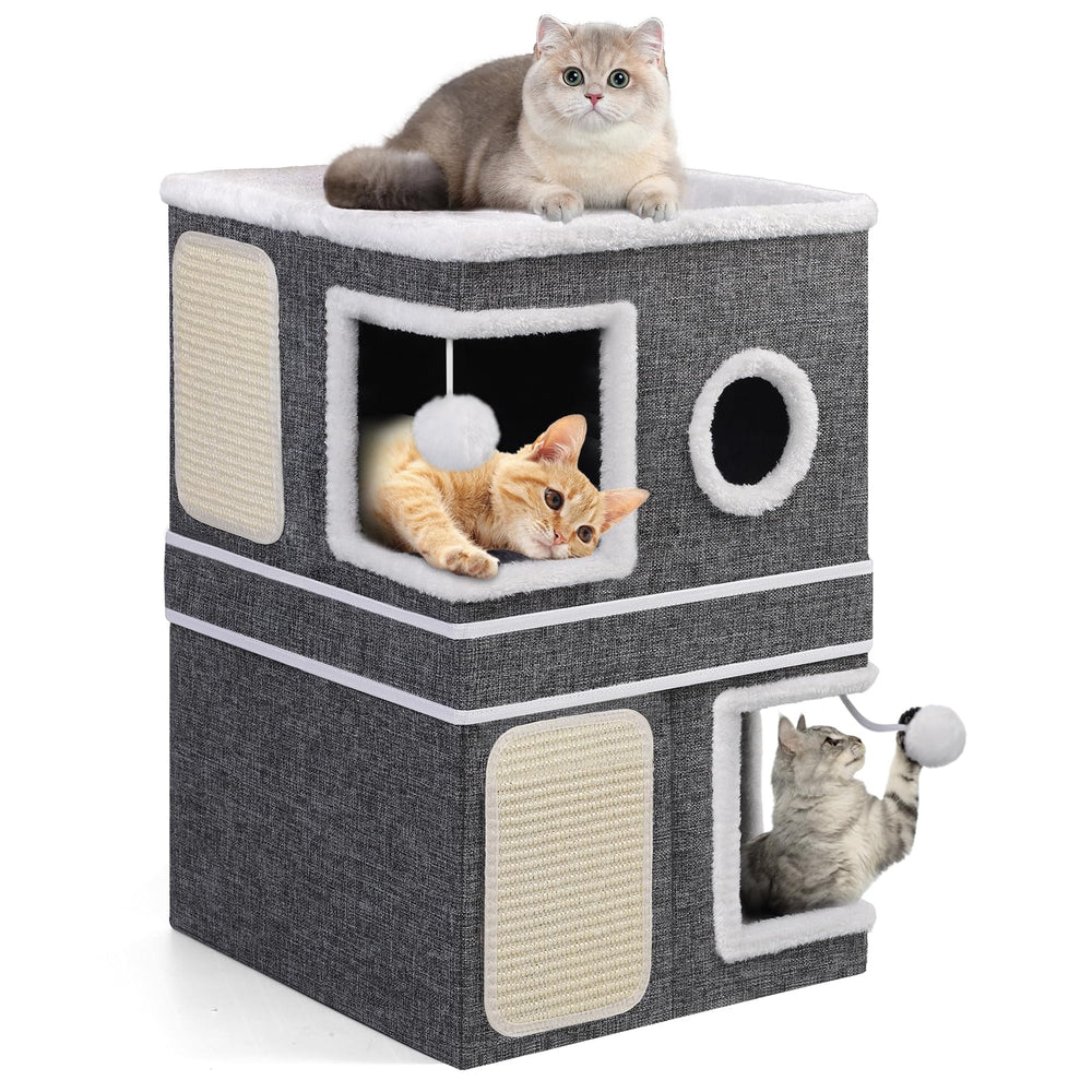 Shikha 2-Storey Cat House front view with dual condos and elevated perch.