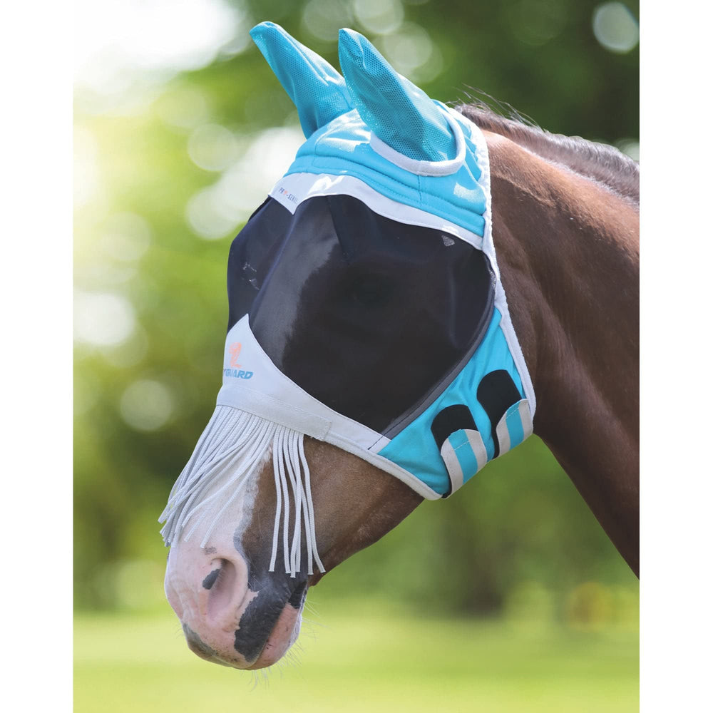 Shires fine mesh fly mask with nose fringe in teal deters flies from the muzzle while preserving visibility