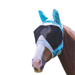 Shires fly mask with ears in teal provides breathable mesh and UV protection for small ponies.
