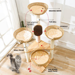 SHODMI Cat Tree Wood with sisal pillars and weighted base for stable active-cat play.