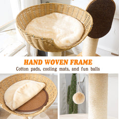 SHODMI Large Cat Tree Wood handwoven condos close-up highlighting breathable naps and cozy cushions.