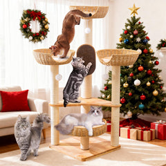 SHODMI Large Cat Tree Wood overview with multi-level perches for multi-cat entertainment.