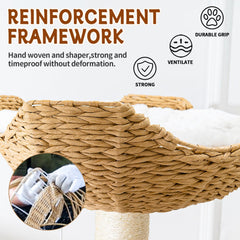 SHODMI natural oak cat tree with handwoven sisal posts for durable scratching.